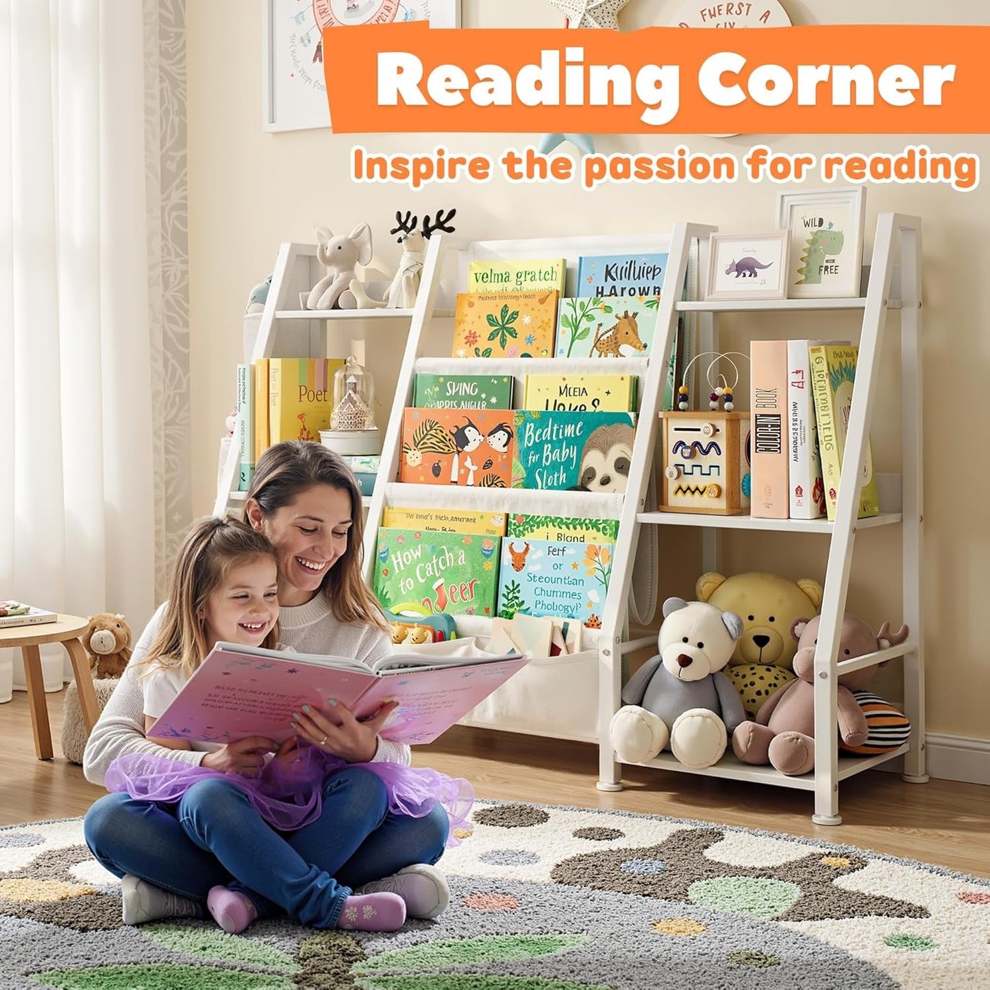 Kids Bookshelf Large Storage Bookcase: 3-Tier Book Sling Shelf Toy