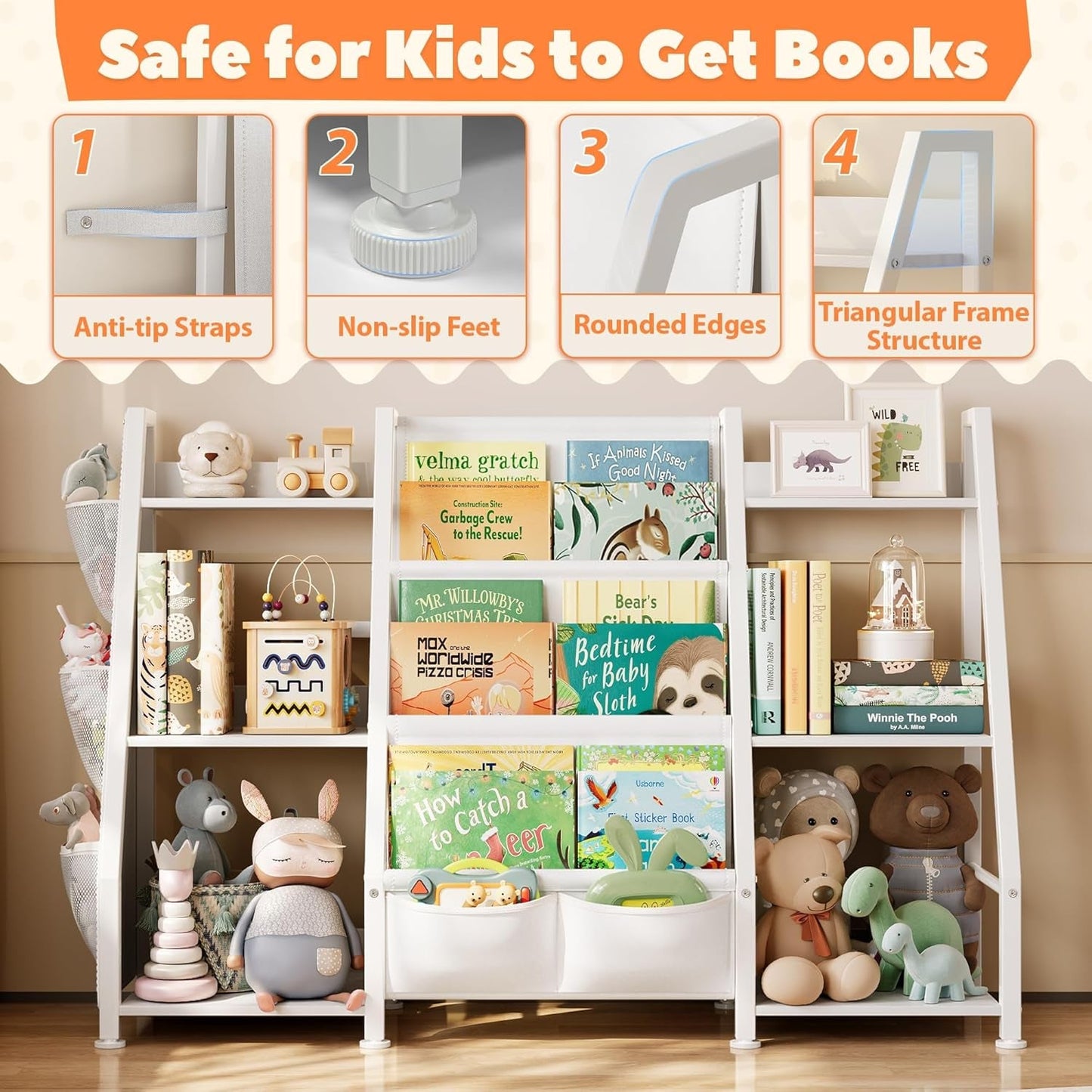 Kids Bookshelf Large Storage Bookcase: 3-Tier Book Sling Shelf Toy