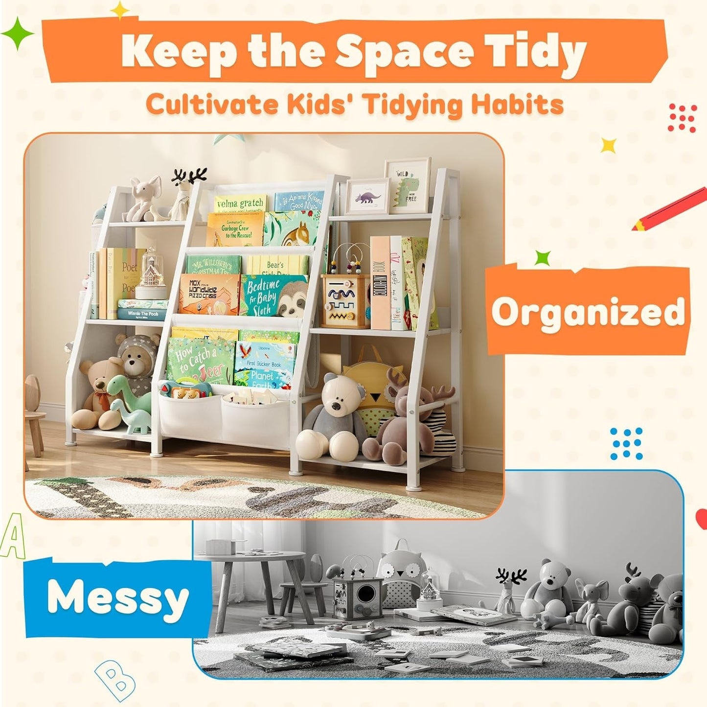 Kids Bookshelf Large Storage Bookcase: 3-Tier Book Sling Shelf Toy