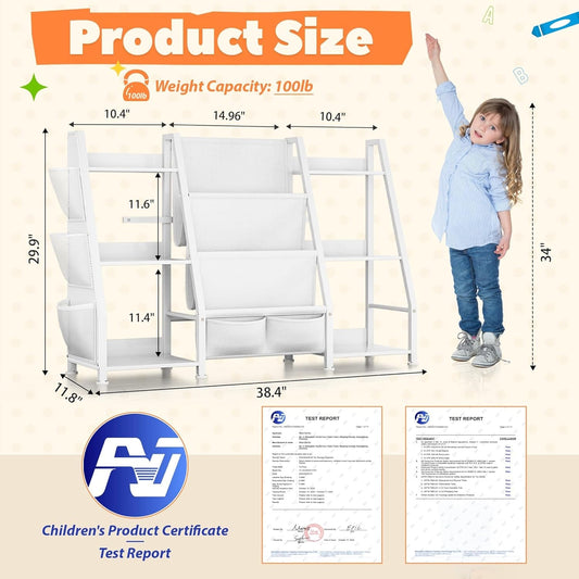 Kids Bookshelf Large Storage Bookcase: 3-Tier Book Sling Shelf Toy
